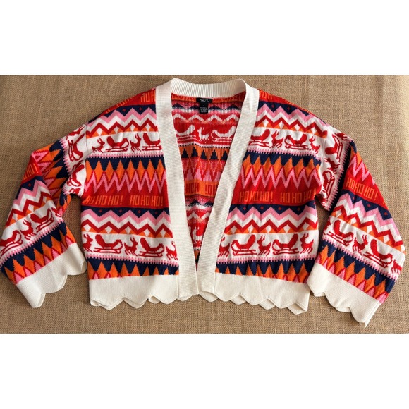 Rue21 Sweaters - Festive Womens Christmas Cardigan Sweater Red Fair Isle Reindeer Scalloped Hem M